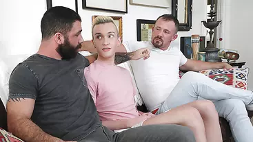Dad And His Friend Feed The Son Their Stiff Dicks And Then Spitroast Him Passionately On The Couch