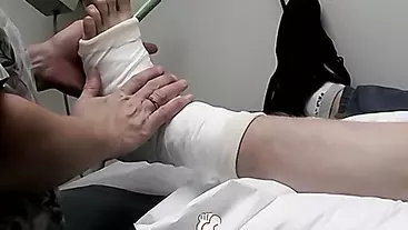 Foot cast placed on twink and his leg before being taken off