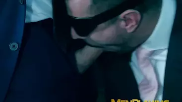 Blindfolded businessman Dani Rivera sucked dildo and fucked