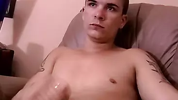 Skinny amateur jerks off his lubed up cock and cums solo
