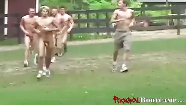 Multiple twinks exercising nude and giving blowjobs outside