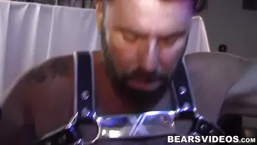 Tattooed bear tied up and mercilessly fucked on a sex swing