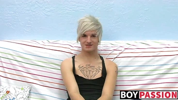 Tattooed smooth teen Austin moans during hot masturbation