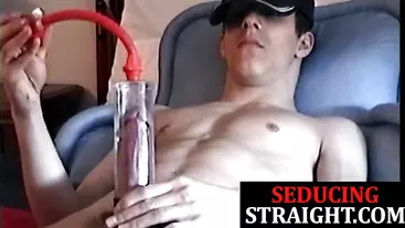 Straight stud jerking his big cock after using dickpump