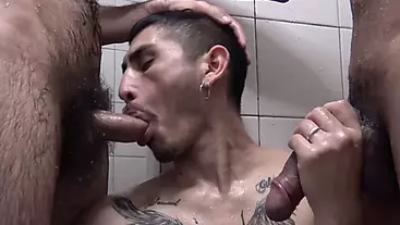 Guys testing an amateur latin twinks abilities in the shower