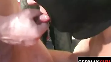 Masked German jock blowing during bareback sex for cumshot