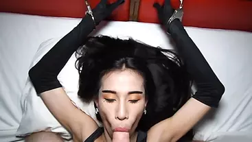 Rebel teen ladyboy trans Namwan blowjob and anal sex while in bondage