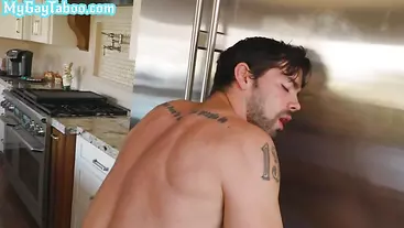 Hairy stepbrother barebacked in kitchen while parents away