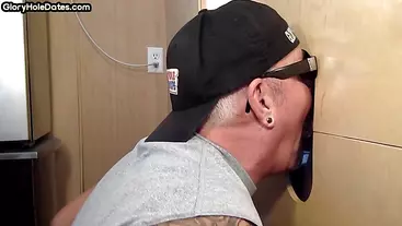Inked mature DILF mouth spermed after gloryhole blowjob