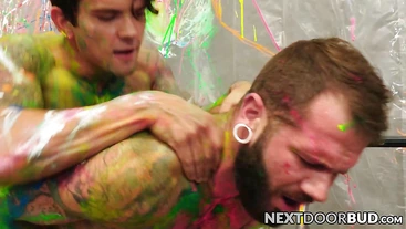 Johnny and Dakota splattered in paint before a cumshot overload