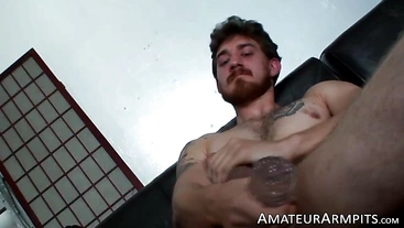 Kinky tattooed amateur masturbates his thick meat solo
