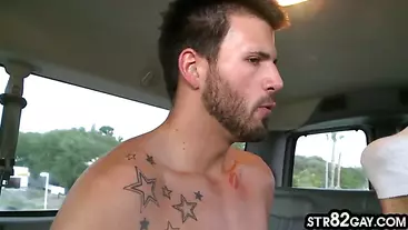 Tricked str8 stud fucks jock in pickup van and cums on him