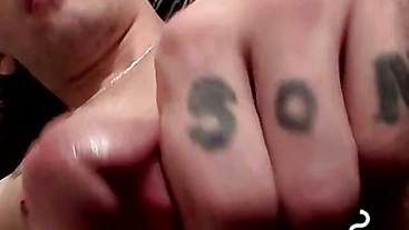 Tattooed chainsmoker teen stroke his hard huge cock