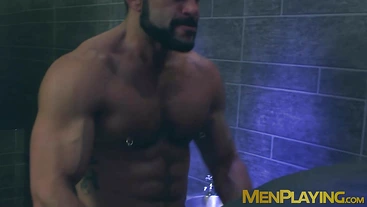 Sexy men in suit gets steamy on rough gay sex in a restroom