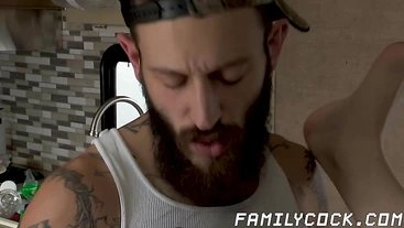 Bearded stepdad films drilling his twink balls deep and raw