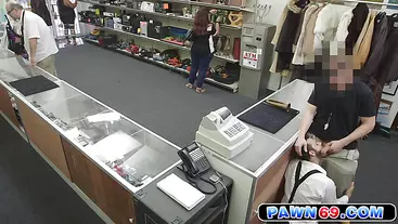Cute guy sucks a cock behind the Pawnshops counter for a quick cash