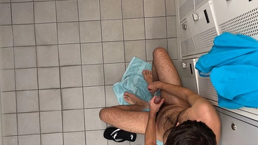 Locker room gay wanking while other men taking a shower and changing