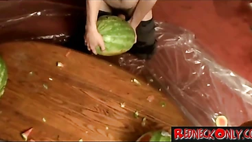 Straight Inked Guys Fuck Watermelons until Cumming