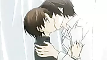 Hentai gay boy and man having kisses and love in library room