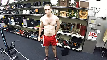 Nasty fitness trainer eats two monster cock in the pawnshop and gets gloryhole