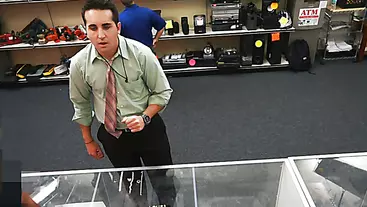 Straight guy catches stealing in the shop and ends up sucking two cocks