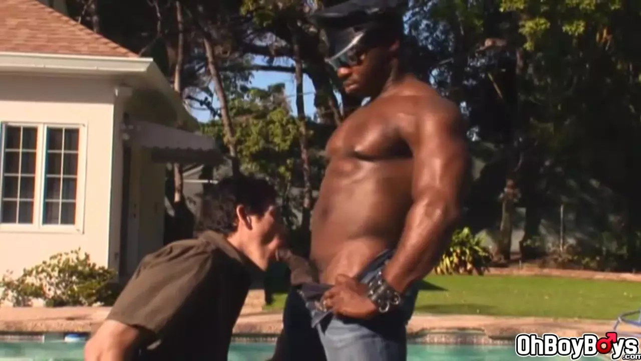 Sucking a big black dick in the poolside and gets anal fuck - Gay Porn