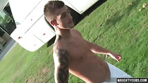 Tattoo gay rimjob and cumshot