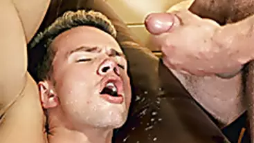 Blonde twink gets his face covered with daddys sperm