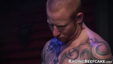 Blindfolded bald gay ass fucked by his dominant inked master