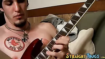 Straight guy playing guitar and jacking off his hairy cock