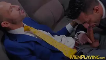 Businessmen enjoy champagne before sloppy blowjobs and anal
