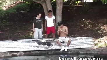 Two Latinos and a white guy fuck in bareback threesome