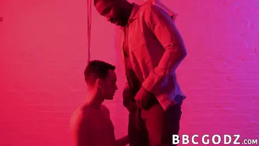 Ebony male dominates a petite gay into interracial pounding